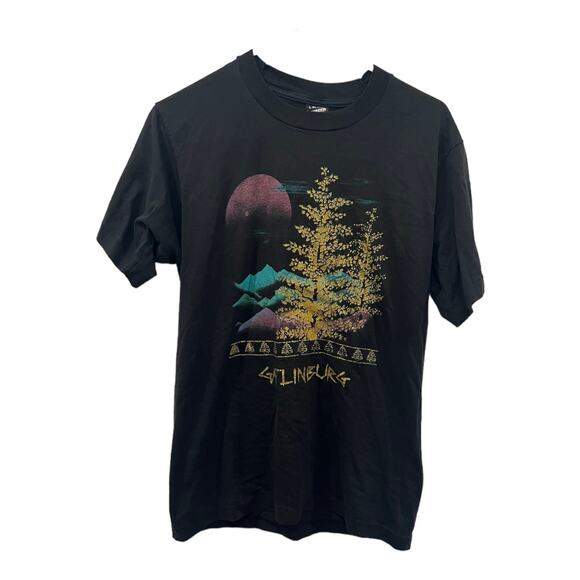 Vintage 90s Y2K Gatlinburg Mountain Tree Moonlight Unisex Black Graphic Tee L - Picture 1 of 5